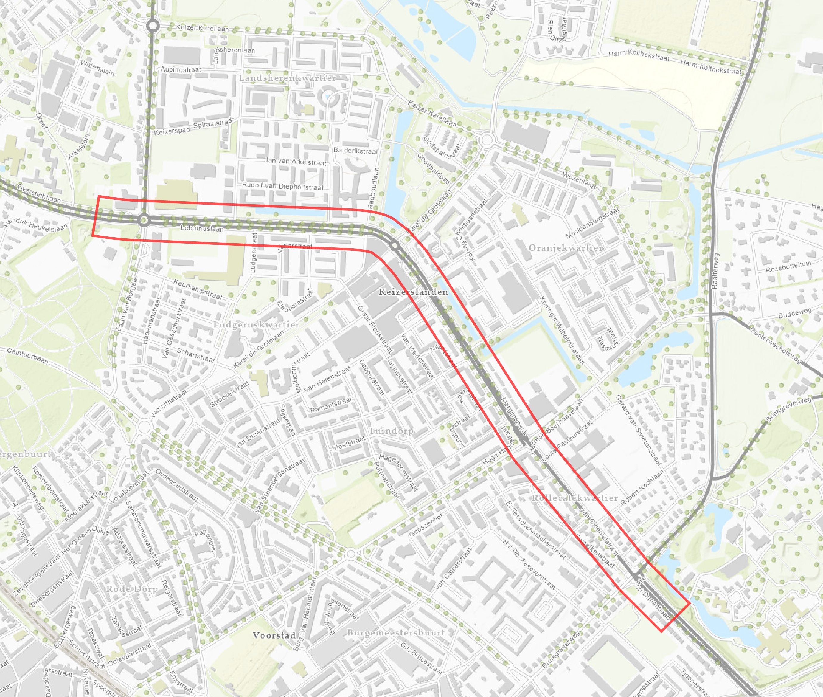 Kaart van het gebied Stadslint Keizerslanden. Met een rode markering is op de kaart visueel aangegeven om welk gebied het gaat.